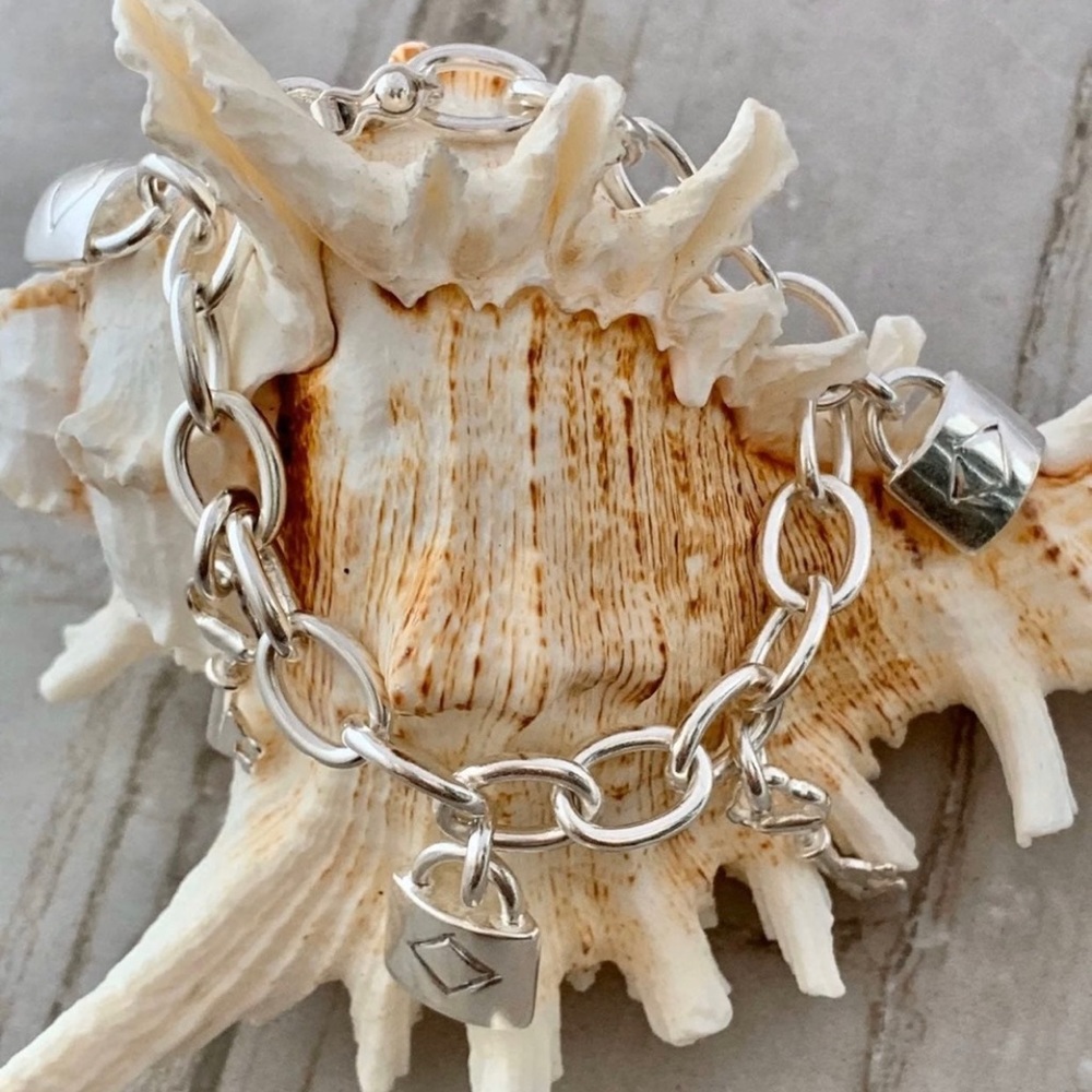 NEW Handcrafted Peruvian Silver Bracelet with Padlock and Key Charms